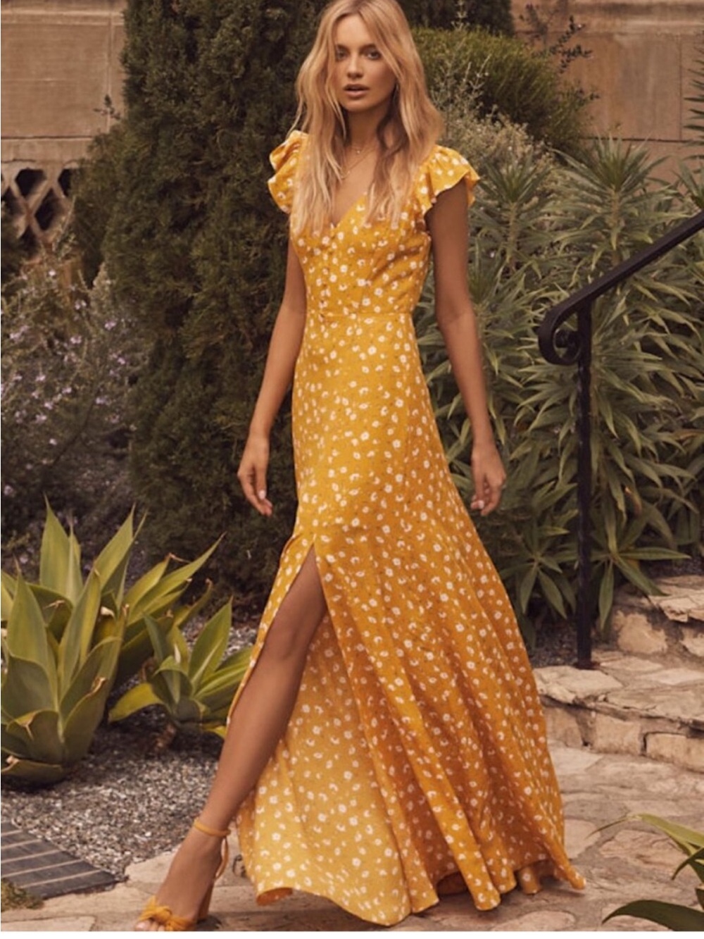 Lulu's Mustard Yellow Floral Maxi Dress with Cap Sleeves